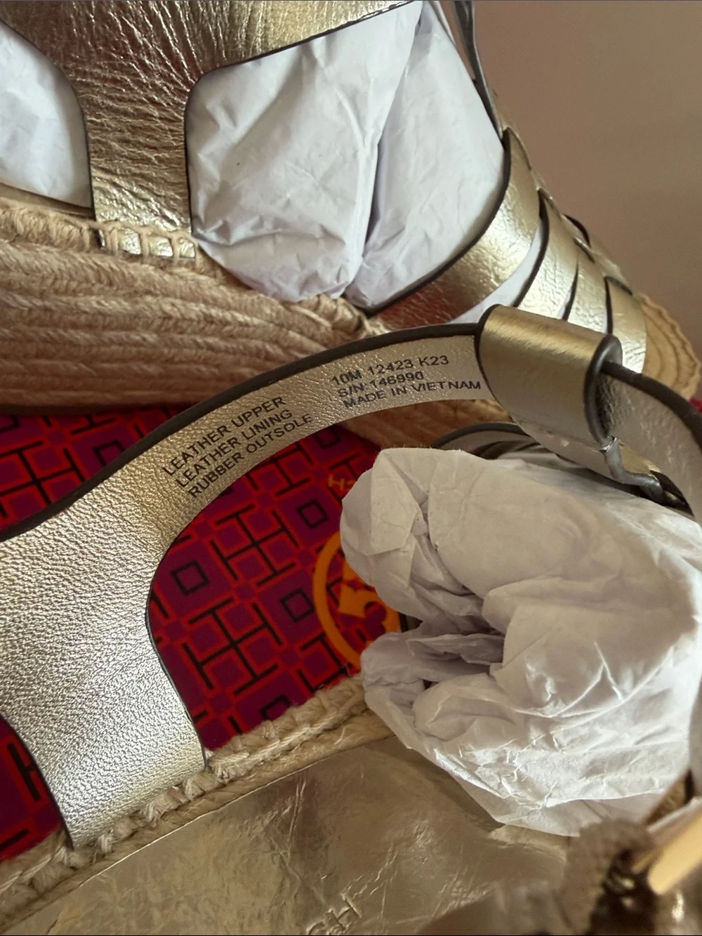 Tory Burch Metallic Gold Leather Espadrille Wedge Sandals
